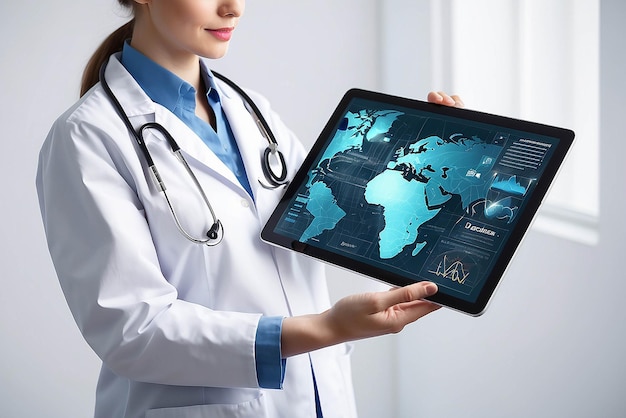 Conceito de medicina global e cuidados de saúde Doutor segura tablet digital Diagnóstico e tecnologia moderna no hospital