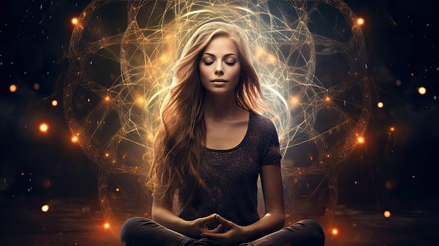 Conceito de meditação espiritual esotérica homem ou mulher meditando na posição de loto