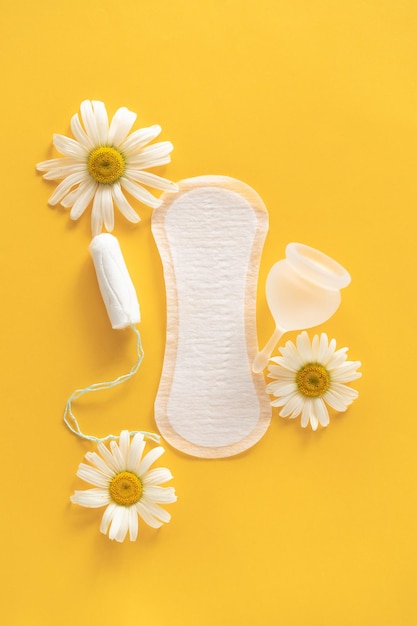 Conceito de menstruação Almofada feminina branca higiênica Copo e tampão menstrual com flores de camomila Proteção da menstruação Saúde da mulher