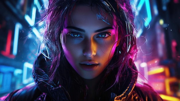 Conceito de metaverso de tecnologia futurista de retrato de mulher cyberpunk