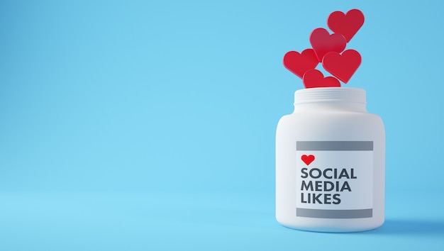 Conceito de mídia social: comprimidos em forma de coração em frasco médico. Renderização 3D.