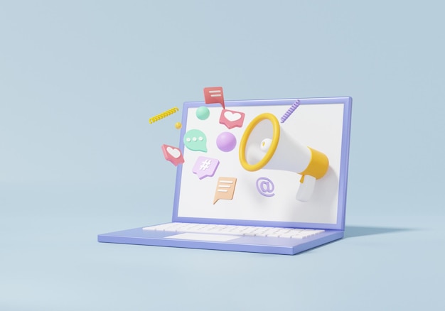 Conceito de mídia social laptop e notificação de megafone marketing digital estilo de desenho animado mínimo com comentário de conversa de conversa 3d render ilustração