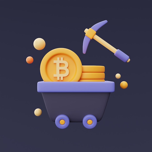 Conceito de mineração bitcoin com picareta e moeda bitcoin dourada, criptomoeda, tecnologia blockchain, renderização minimal style.3d.