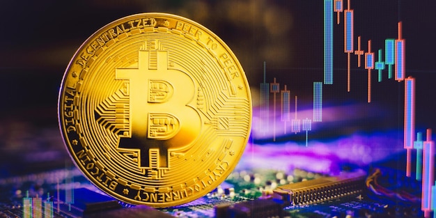 Conceito de mineração de bitcoin de tecnologia blockchain moeda de ouro bitcoin no espaço de cópia de banner de placa de circuito de computador