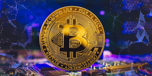 Conceito de mineração de bitcoin de tecnologia blockchain moeda de ouro bitcoin no espaço de cópia de banner de placa de circuito de computador