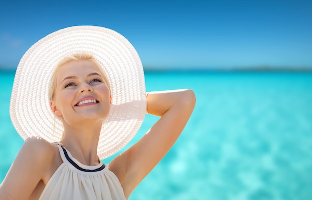 conceito de moda, felicidade e estilo de vida - linda mulher de chapéu aproveitando o verão ao ar livre