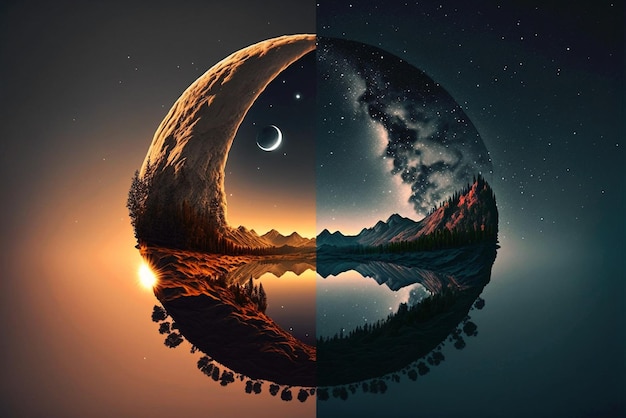 Conceito de mudança de dia e noite 24 horas, de manhã até o amanhecer, lua a sol, ciclo sobre a paisagem
