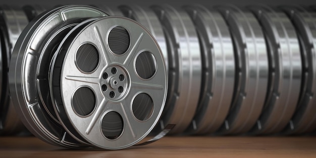 Foto conceito de multimídia de filme de cinema de vídeo uma fileira de carretel de filme vintage ou carretéis de filme com tira de filme