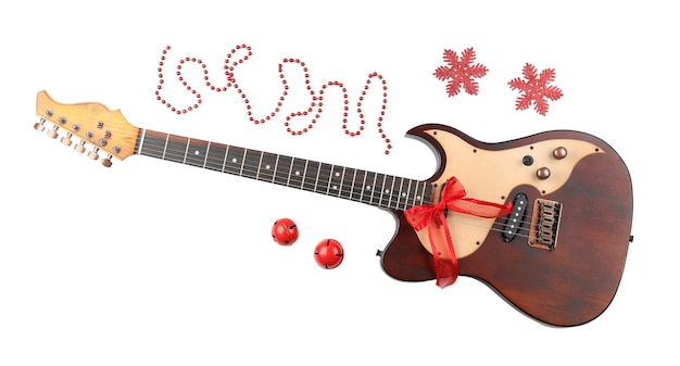 Conceito de música de natal. guitarra com decoração, isolada no branco