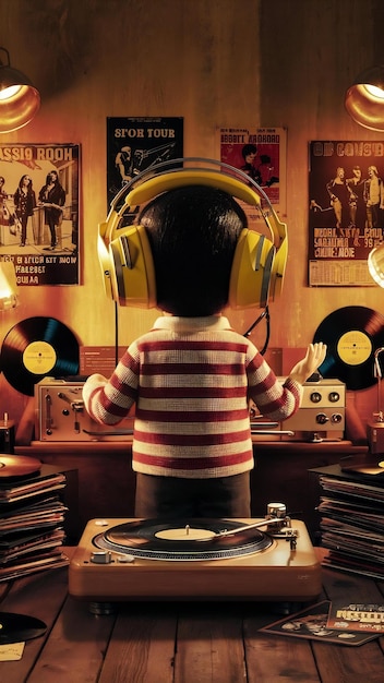 Conceito de música vintage amarela com fones de ouvido