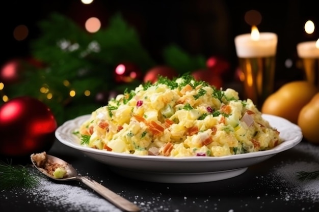 Conceito de Natal de comida saborosa com salada Olivier e bokeh