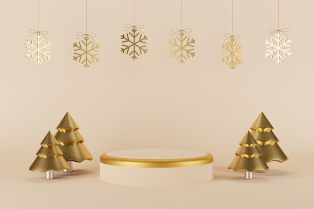 Conceito de Natal e Ano Novo do podium do produto com árvore de Natal e ilustração Snowflake.3D