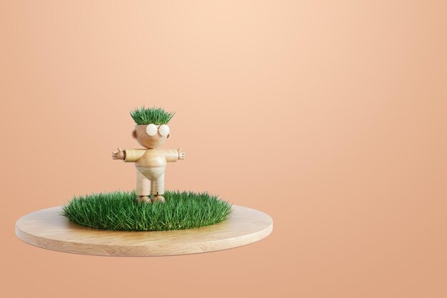 Conceito de natureza Desenho animado homem de madeira com grama em vez de cabelo Desmatamento natureza design moderno renderização em 3d layout de ilustração 3d