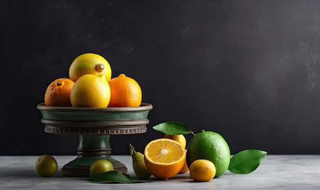 Conceito de natureza morta cítrica com limão e laranja em arquibancadas cinza e pódios sobre fundo branco generativo AI