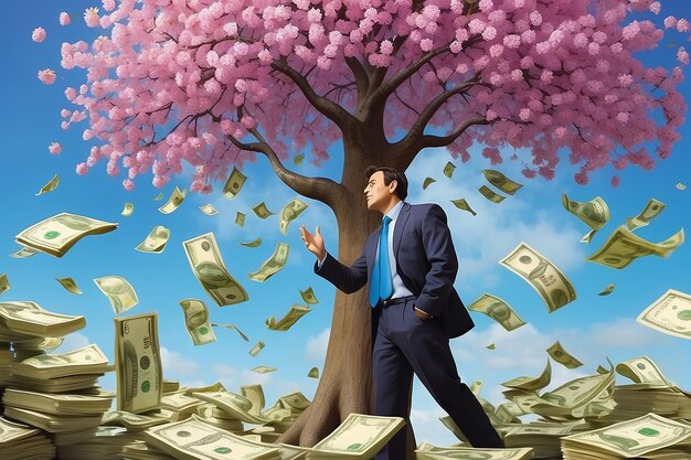 Conceito de negócio de crescimento financeiro e de investimento Empresário colocando uma moeda em um vaso de flores e regando a árvore do dinheiro verde