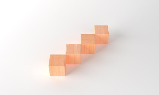 conceito de negócio de renderização 3d cubo de madeira mínimo organizado em uma escada para o sucesso de seu banner de texto renderização 3D organizar cubos de madeira em branco alinhados no espaço de cópia de fundo branco para texto de entrada
