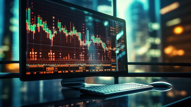 Conceito de negócio do mercado de ações com gráfico de investimento financeiro na tela e metrópole AI gerado