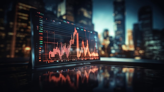 Conceito de negócio do mercado de ações com gráfico de investimento financeiro na tela e metrópole AI gerado