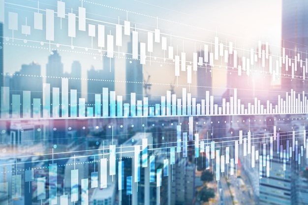 Conceito de negócios com gráfico gráfico de velas de negociação de investimentos no mercado de ações e fundo de escritório desfocado