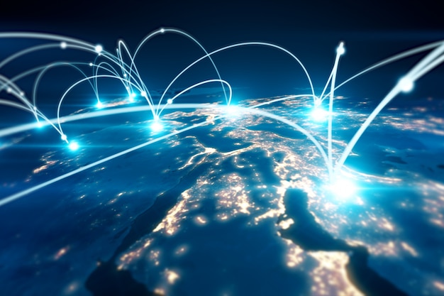 Conceito de negócios globais de conexões e transferência de informações na ilustração 3d do mundo