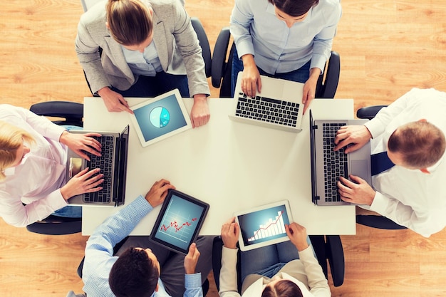 conceito de negócios, pessoas e tecnologia - close-up da equipe criativa com computadores laptop e tablet pc exibindo gráficos em telas sentado à mesa no escritório