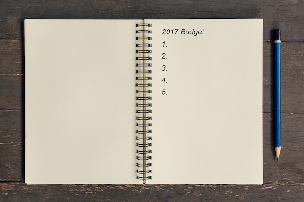 Conceito de negócios - top view notebook writing budget 2017.