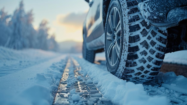 Conceito de neve desloca gelo e eventos de seguro em uma estrada coberta de neve com uma roda de carro com pneus de inverno