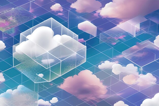 Conceito de nuvem criativa em cubo de vidro Armazenamento de informações da sala do servidor digital Cloudscape