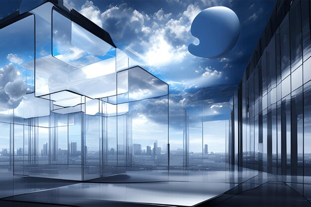 Conceito de nuvem criativa em cubo de vidro Armazenamento de informações da sala do servidor digital Cloudscape