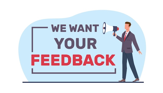 Conceito de obter feedback homem com megafone do serviço ao cliente Satisfação das pessoas sobre o serviço ou produto comentários on-line e classificação Ilustração de revisão de estilo plano de desenho animado vetorial