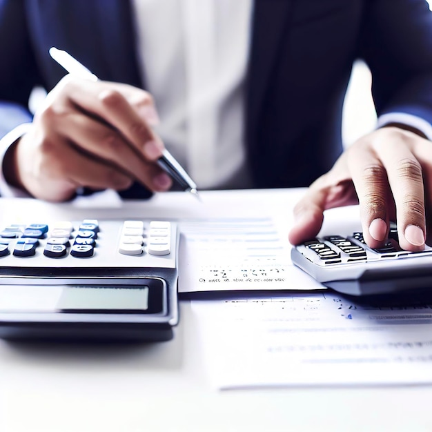 Conceito de pagamento de impostos Homem de negócios usando calculadora para calcular impostos