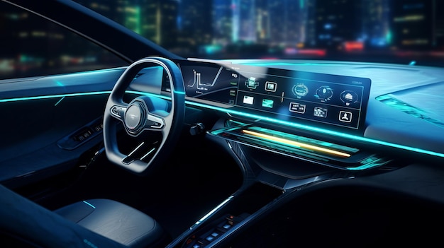 conceito de painel de carro futurista autônomo com telas HUD e holograma