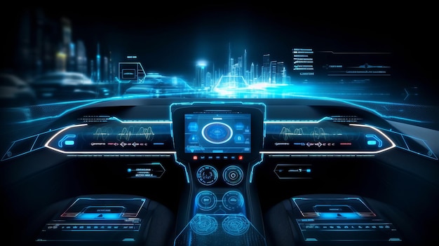 conceito de painel de carro futurista autônomo com telas HUD e holograma