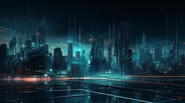 Conceito de paisagem Cyberpunk da cidade noturna gerado por IA