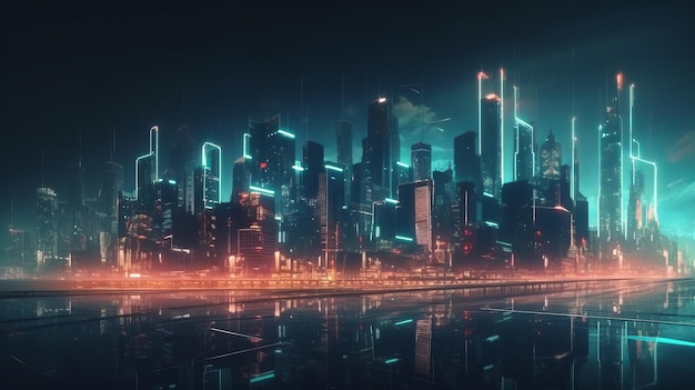 Conceito de paisagem Cyberpunk da cidade noturna gerado por IA