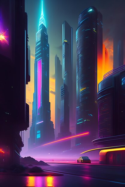 Conceito de paisagem Cyberpunk da cidade noturna