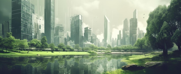 Conceito de paisagem urbana ecofuturista com parques verdes de arranha-céus e outros espaços verdes na área urbana Generative AI AIG20