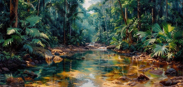 Conceito de papel de parede com uma paisagem de floresta tropical pintada em aquarela