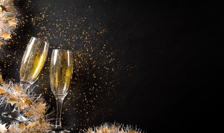 Foto conceito de parede de feriados de natal e ano novo feito de taças de champanhe com glitter dourado na parede de madeira preta.