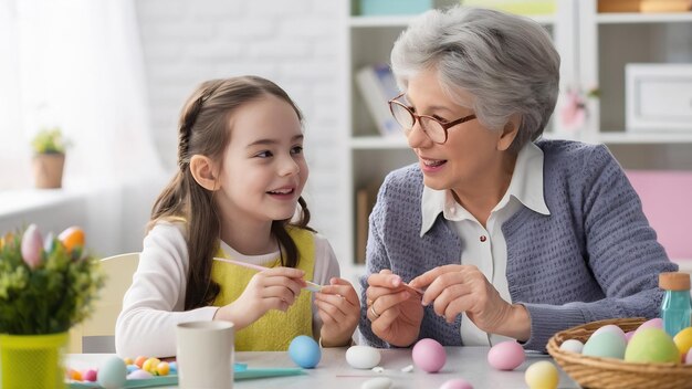 Foto conceito de páscoa menina e sua avó colorindo ovos para a páscoa