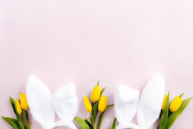 Conceito de Páscoa. Postura plana com orelhas de coelho fofas brancas, tulipas amarelas em um fundo rosa.