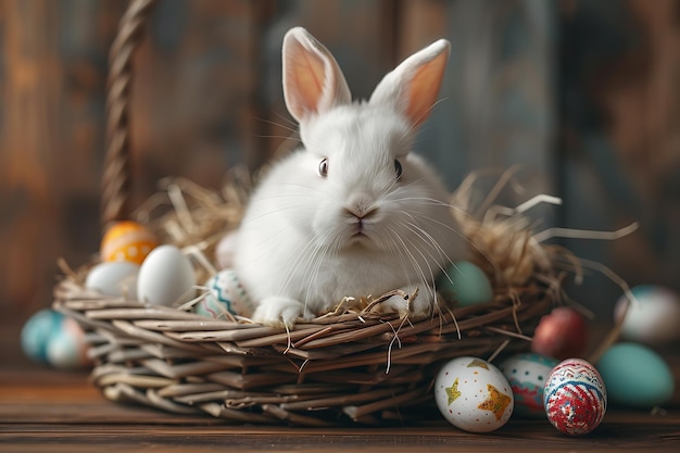 conceito de páscoa um coelho de páscoa branco e fofinho sentado em uma cesta com ovos coloridos