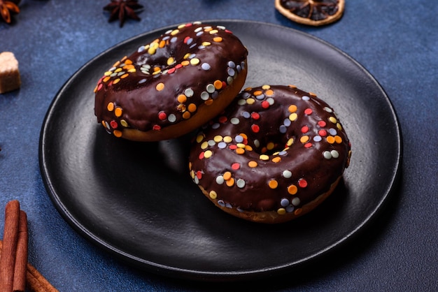 Conceito de pastelaria donuts com cobertura de chocolate com granulado em uma mesa de concreto escuro