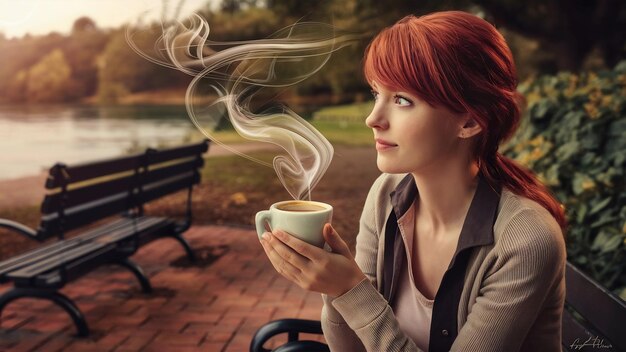 Foto conceito de pausa para café mulher ruiva bonita e atenciosa com uma caneca de expresso