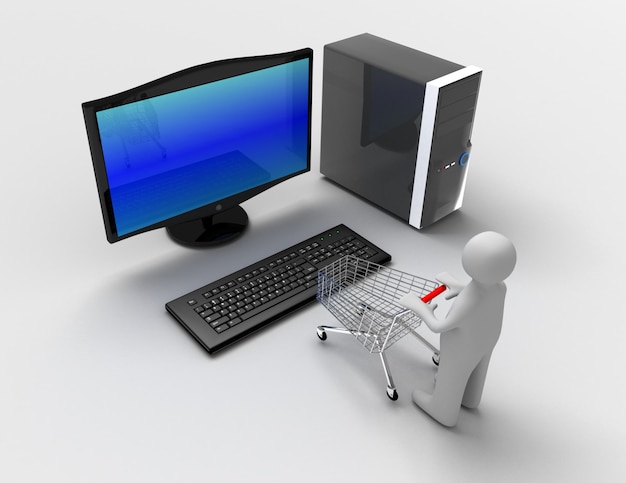 Conceito de pc desktop 3D com carrinho e homem