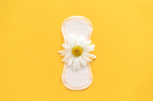 Conceito de período de menstruação Almofada feminina branca higiênica com flores de camomila em fundo amarelo Proteção da menstruação Saúde da mulher