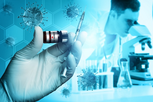 Conceito de pesquisa e desenvolvimento de vacina para teste médico de coronavírus COVID-19