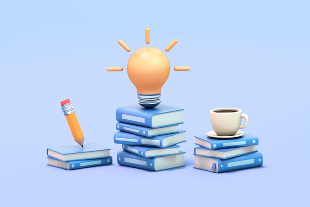 Foto conceito de pesquisa educacional e ideia inicial pilha de livros lápis de lâmpada e xícara de café sobre fundo azul ilustração 3d
