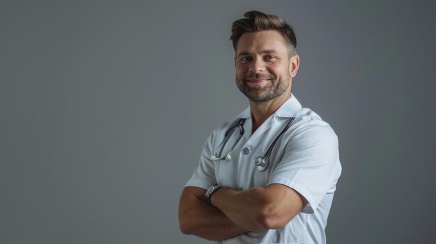 Conceito de pessoal médico de saúde Retrato de médico sorridente posando com os braços cruzados em fundo de estúdio cinza Espaço livre