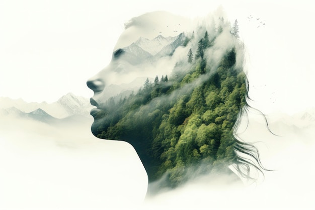 Conceito de pessoas e natureza Retrato de mulher com floresta verde obra de arte criativa